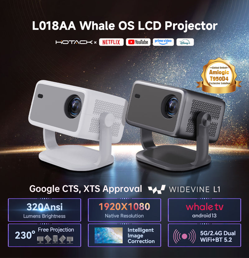 L018AA Whale OS LCD Projector 320 ANSI Lumens, 1920X1080P Resolution ,Android 13 And Officially Authorized By Netflix, YouTube, Etc.